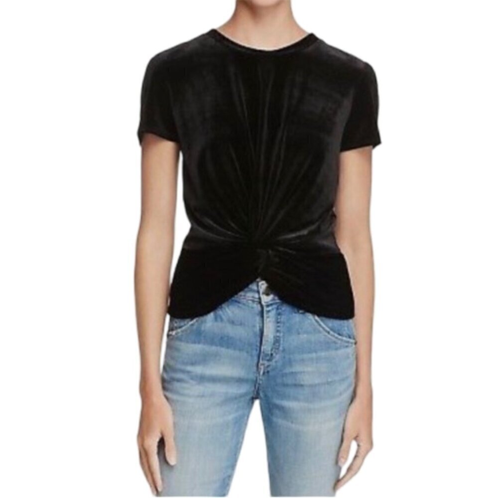 🆕 AQUA Bloomingdale's Velvet Black Short Sleeve black Front Twist Top XS